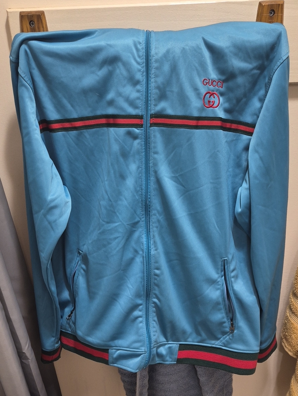 Gucci Light Blue Zip-Up Bomber Jacket with Red & Green Stripe